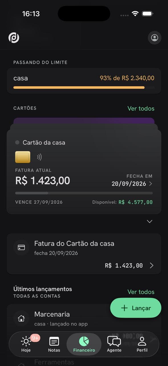 Tela Cartões e orçamentos da ProOps Pessoal no iOS: Limites, faturas e o que falta