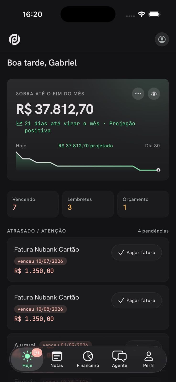 Tela inicial da ProOps Pessoal, com a sobra projetada do mês e as pendências do dia