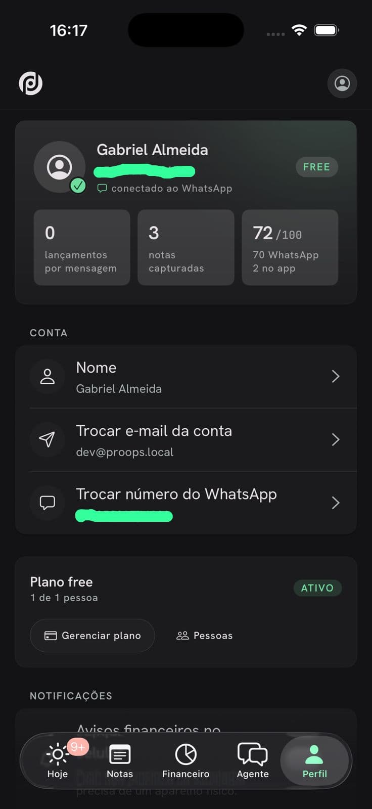Tela Perfil da ProOps Pessoal no iOS: WhatsApp e a cota de IA por canal