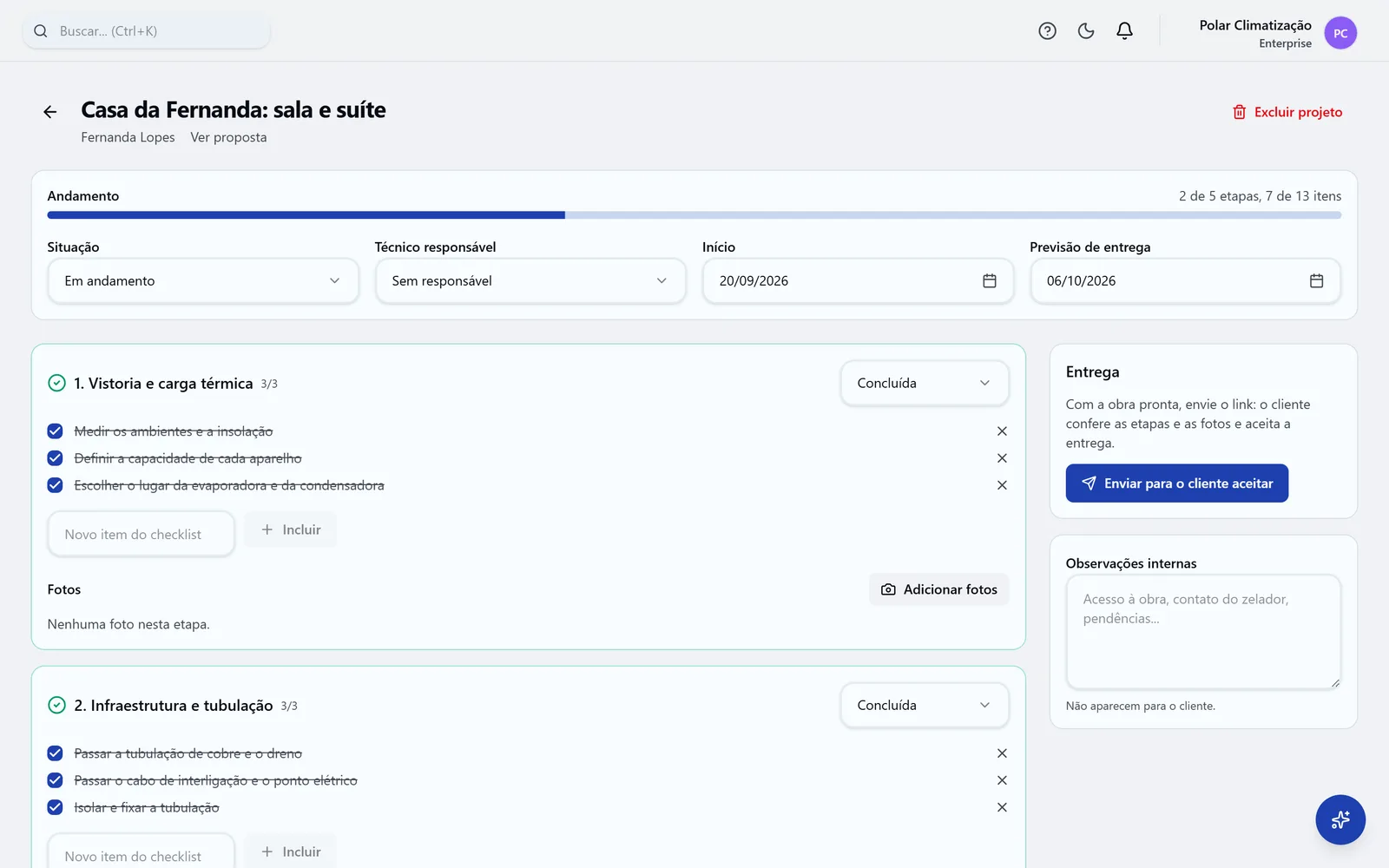 Obra de climatização na ProOps, com as etapas do segmento e o checklist.