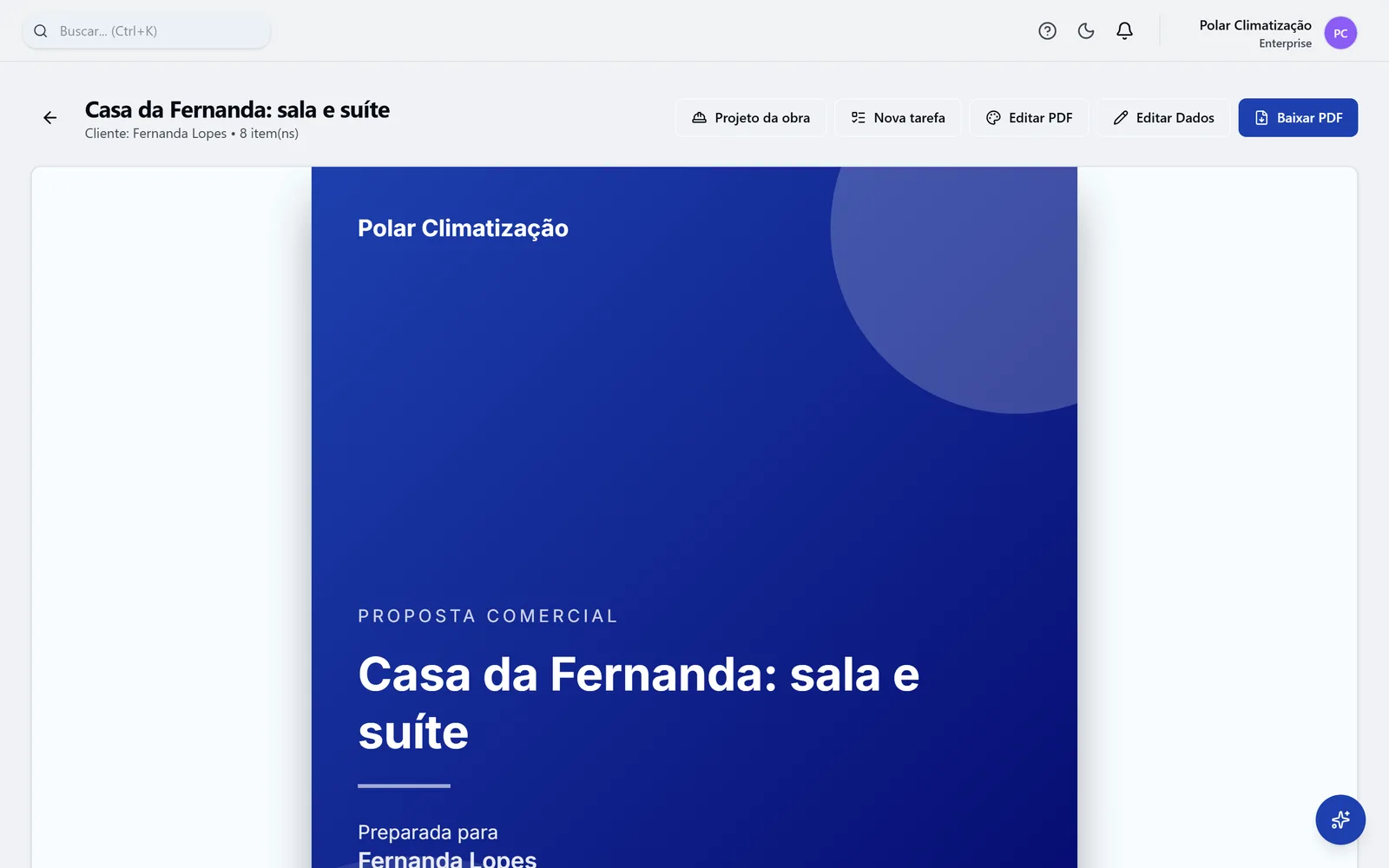 Proposta de climatização na ProOps, com os itens agrupados e o total.