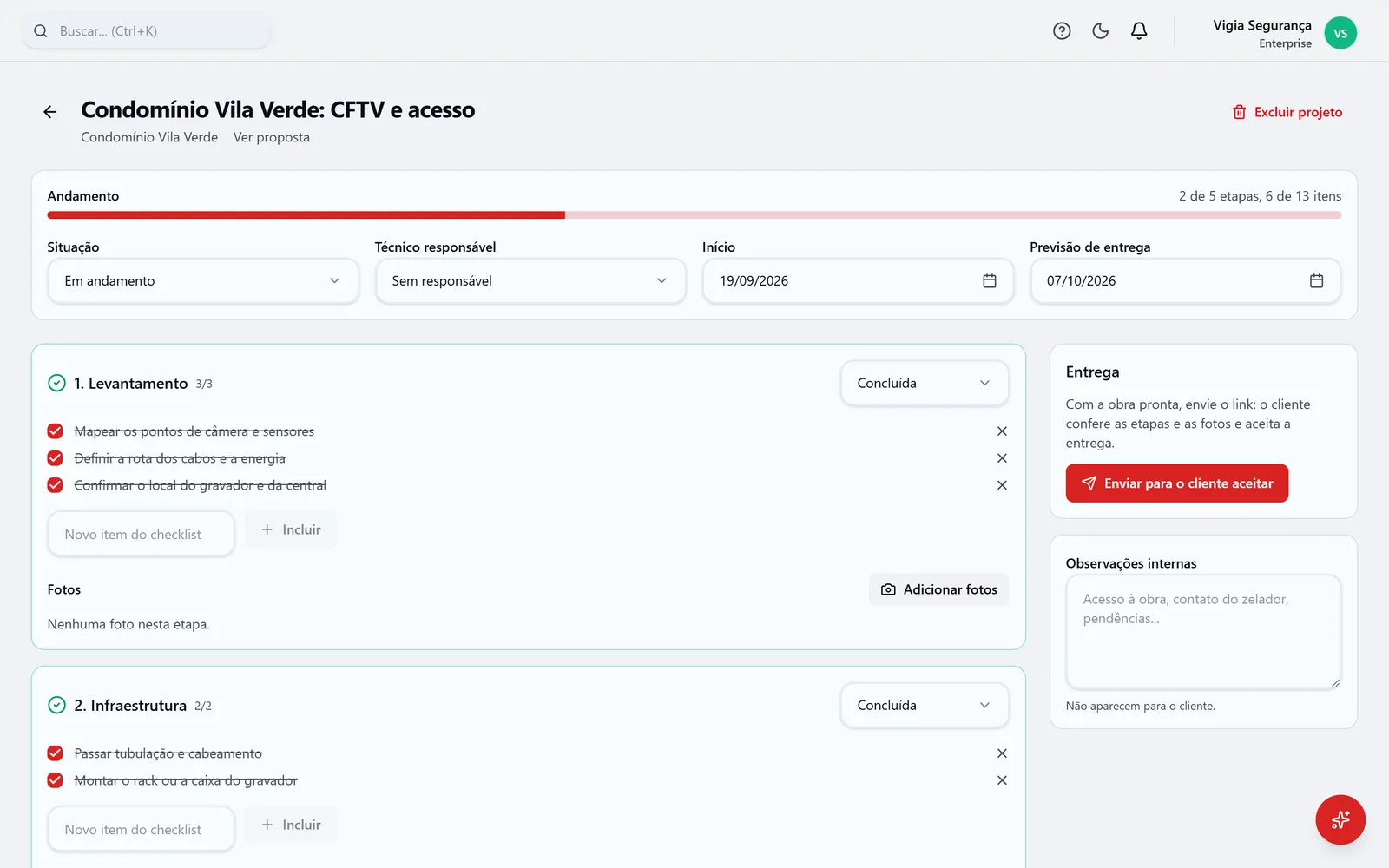 Obra de segurança eletrônica na ProOps, com as etapas do segmento e o checklist.